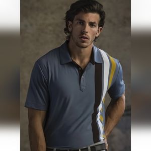 VUGA Polo Golf Graham Shirt Mens Sz L Blue Stripe Short Sleeve